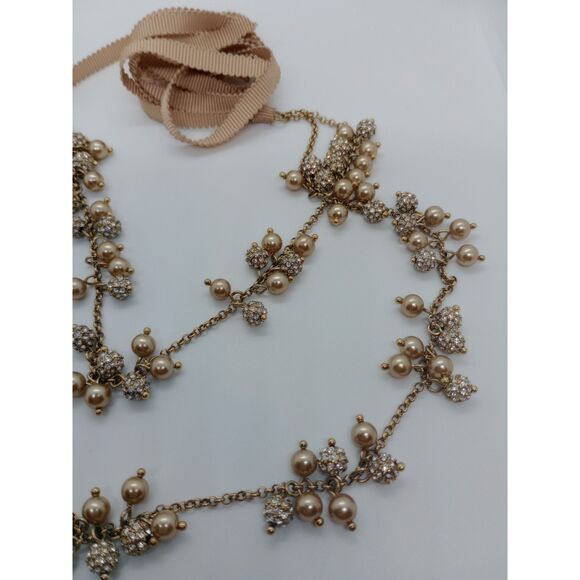 Faux Pearl Rhinestone Cluster 2 Strand Silver Tone 14-54" Ribbon Chain Necklace - Picture 5 of 6